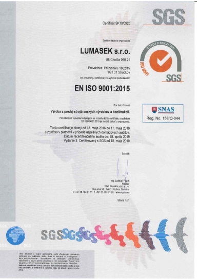Lumasek, s.r.o. EN ISO 9001:2015 Certificates